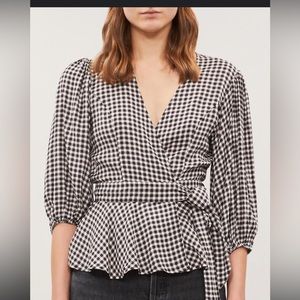 GANNI GINGHAM CREPE WRAP TOP. US SMALL. EU SIZE 34.